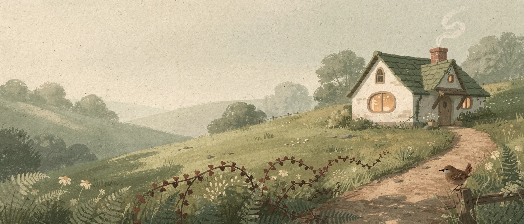 A white cottage with a clay chimney on a green hill, a path winding toward the viewer and a wren on a fence post.