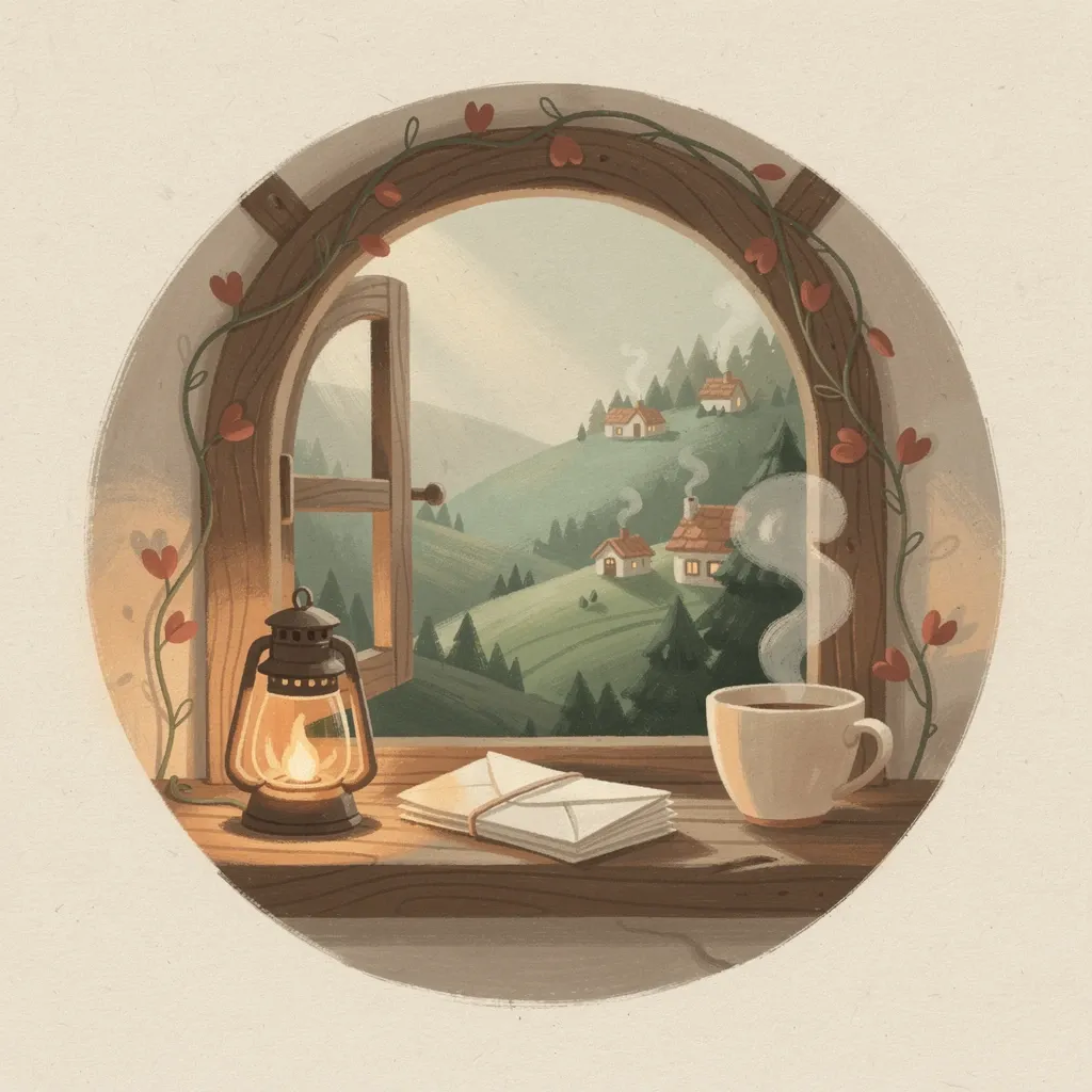 A windowsill with a teacup, letters and a lantern, looking over a valley of small houses.