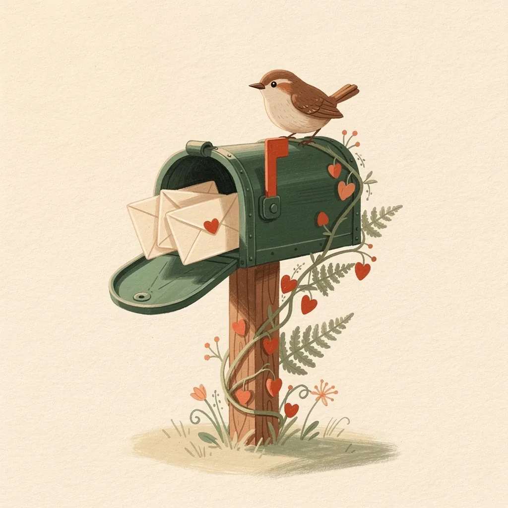 A green garden mailbox with letters and a wren on top.